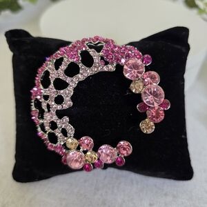 Silver Brooch Pin Pink Rhinestone Crescent Moon